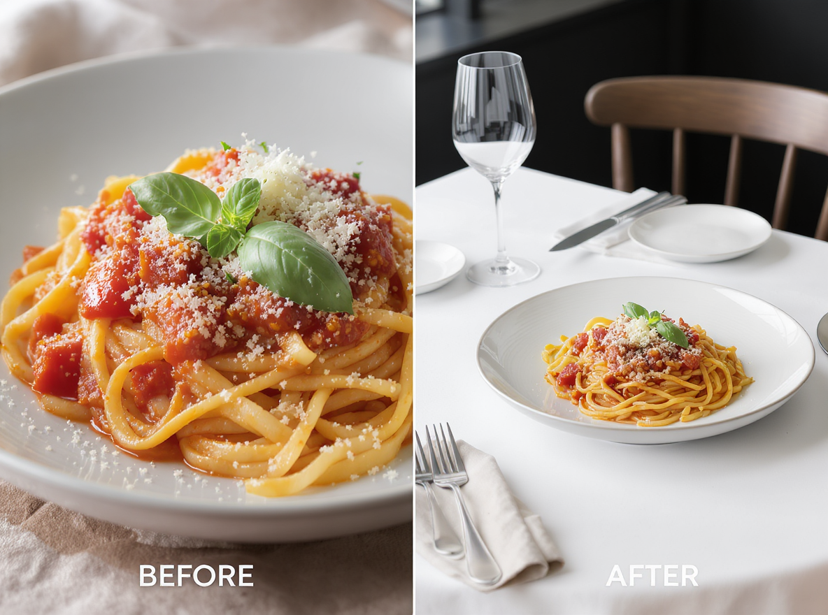 Restaurant owner enhances food photography with extended dining atmosphere using Uncrop AI