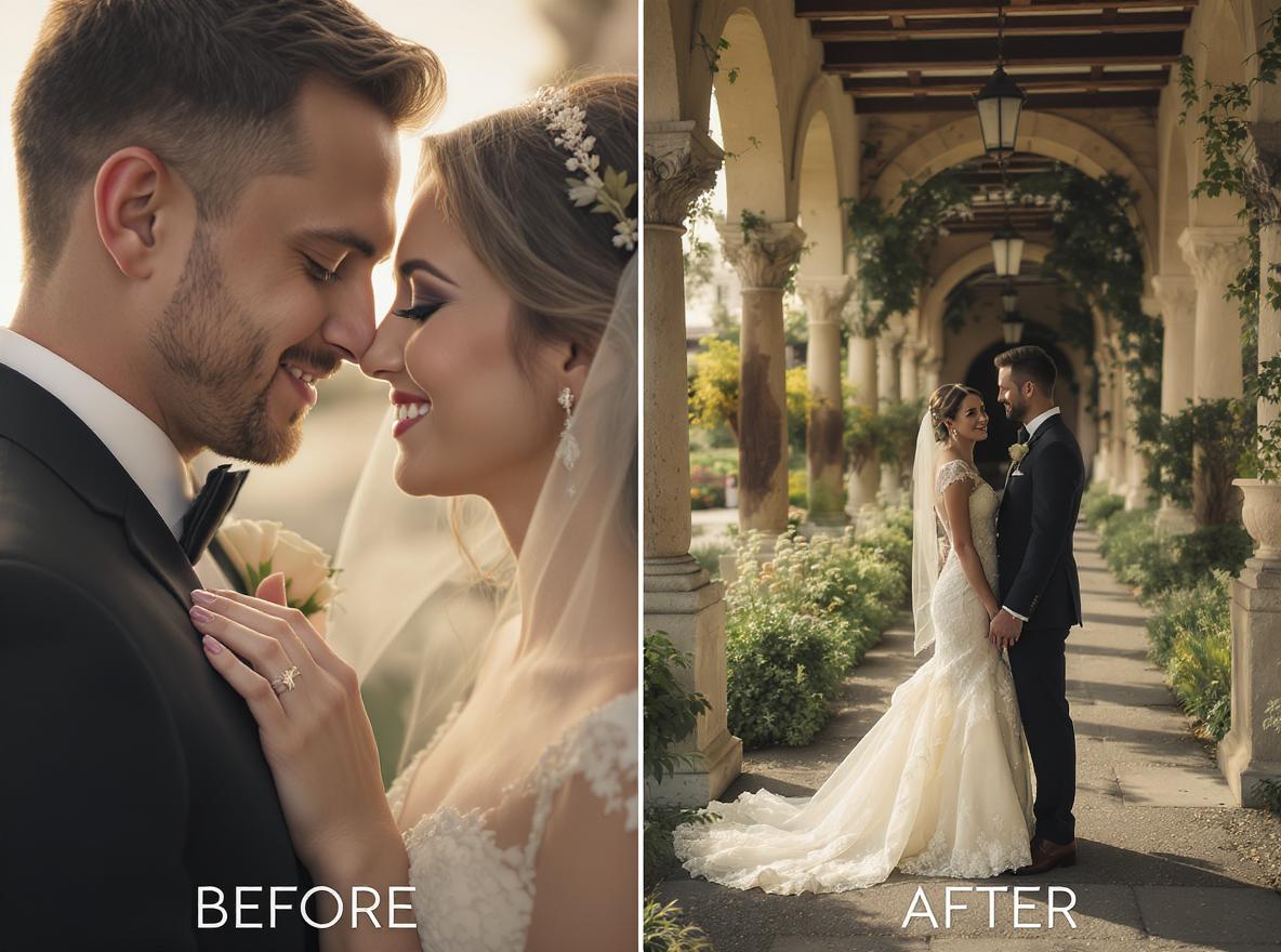 Wedding photographer creates romantic wide shots from close-up couple photos using Uncrop AI
